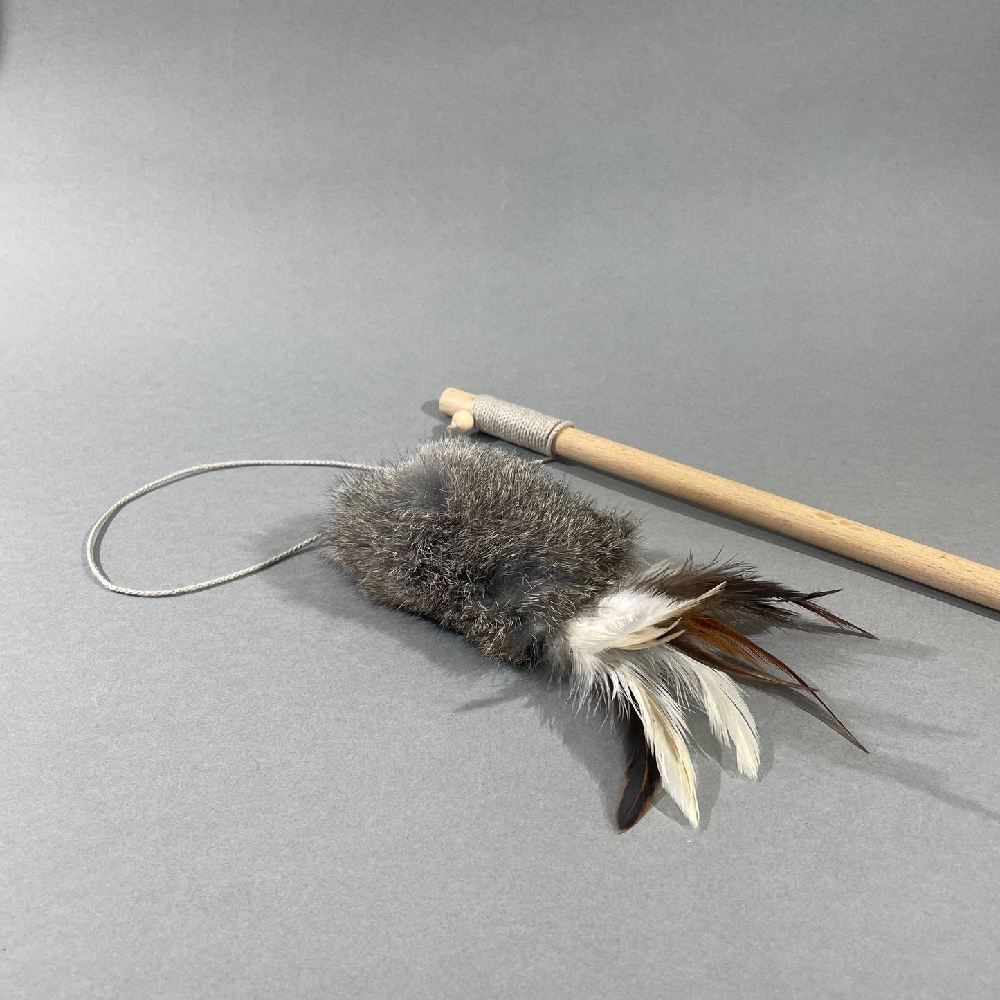 Natural wand toy, Cat teaser with rabbit fur and feathers