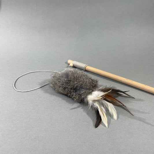 Natural wand toy, Cat teaser with rabbit fur and feathers