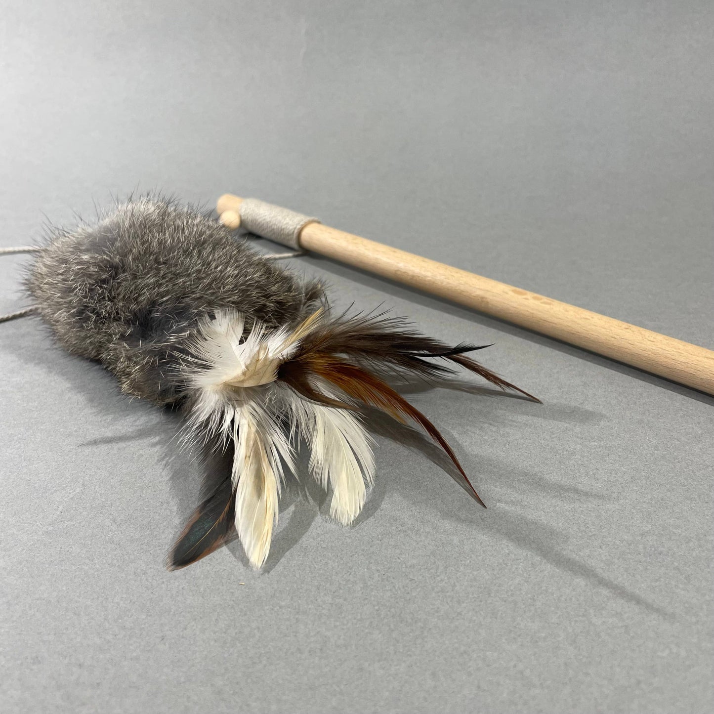 Natural wand toy, Cat teaser with rabbit fur and feathers
