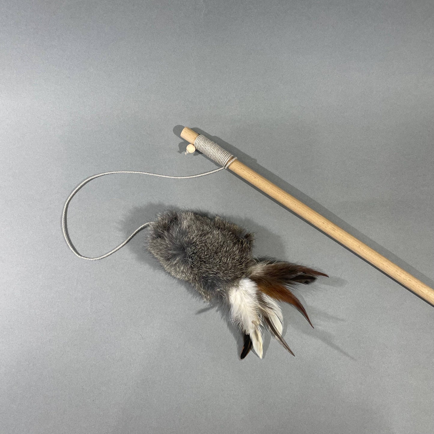 Natural wand toy, Cat teaser with rabbit fur and feathers